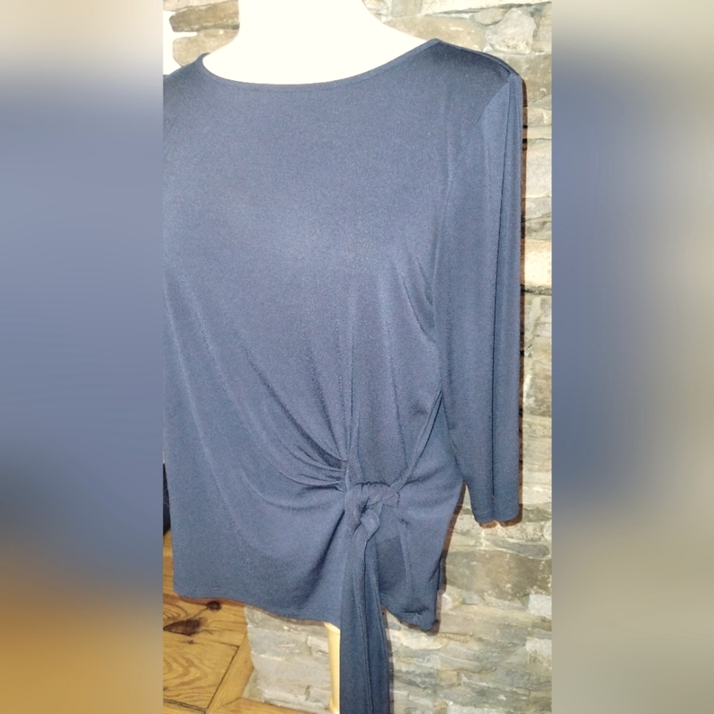 Premise Elegant Blue Women's Top, 3/4 Sleeve, Gathered Front With Tie